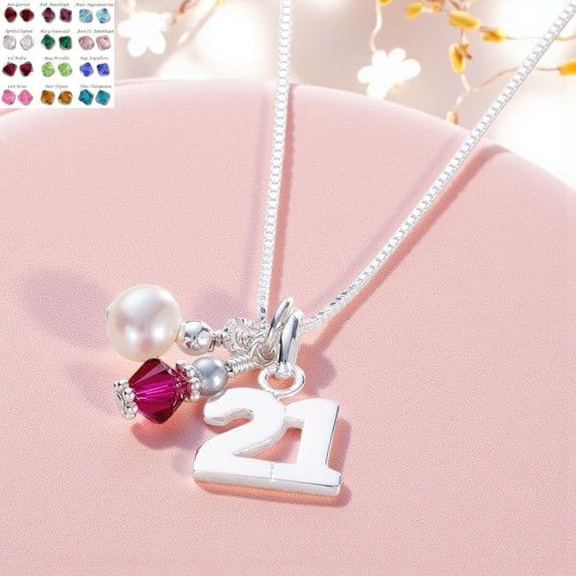 Birthstone Necklace with Sterling Silver 21 Pendant | Charming Engraving