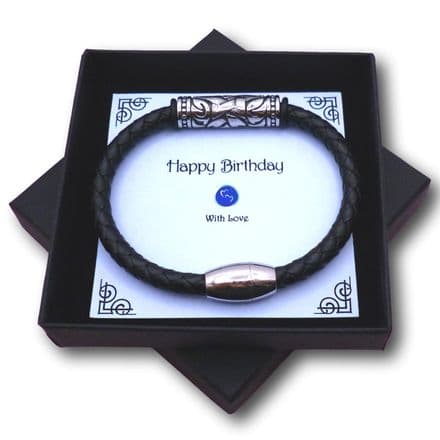 Black Leather and Steel For Man or Boy, Bracelet in a Happy Birthday Gift Box