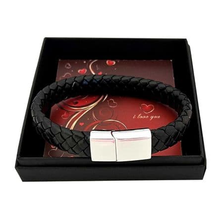 Black Leather Bracelet Gift Boxed for Man or Boy