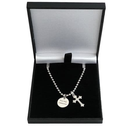 Boy's Personalised Round Pendant & Cross Necklace, First Holy Communion