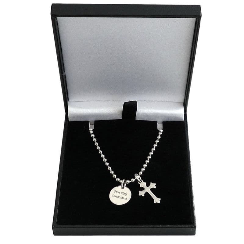 Boy's Personalised Round Pendant & Cross Necklace, First Holy Communion | Charming Engraving