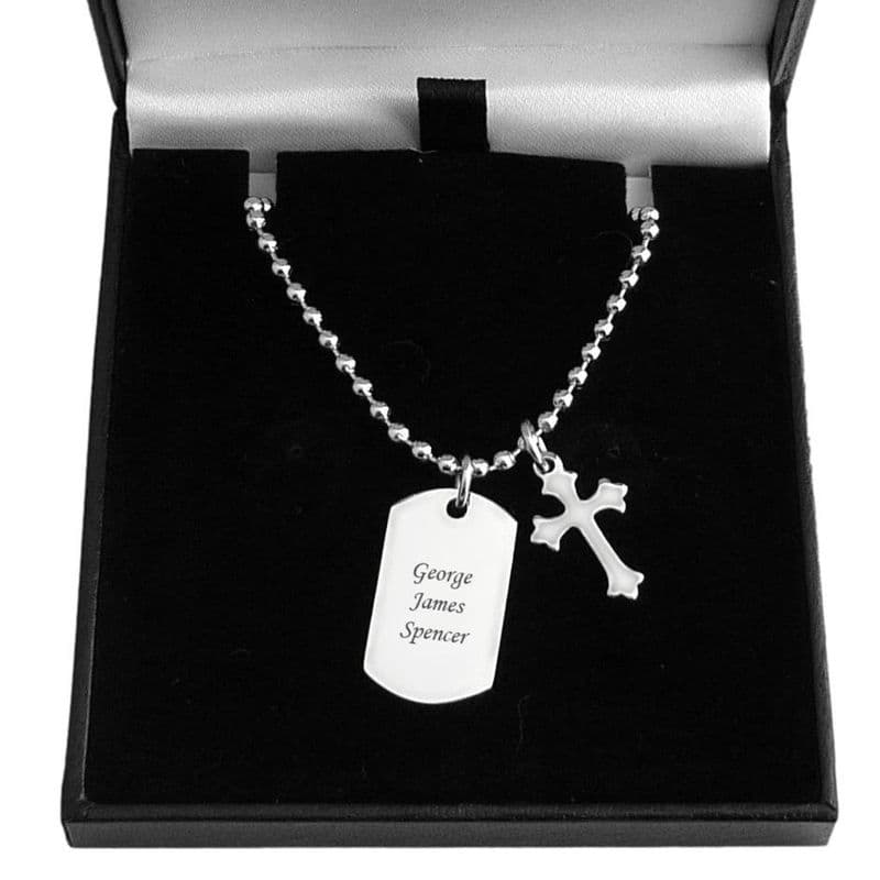 Boy's Small Dog Tag Pendant & Cross Necklace | Charming Engraving