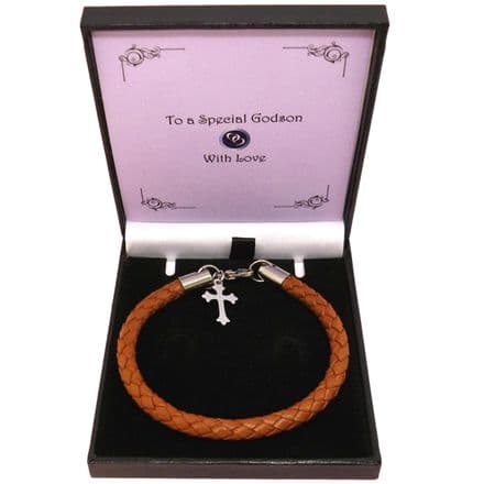 Boys Bracelet with Cross, Brown Leather, Gift for Communion, Baptism or Christening