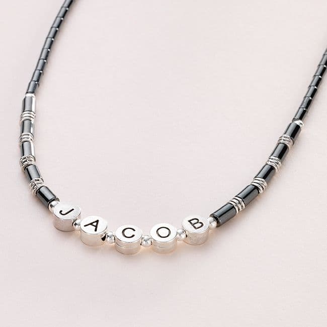 Boys Name Necklace with Hematite Beads | Charming Engraving