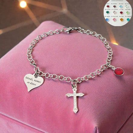 Bracelet with Any Engraving, Personalised with Birthstone & Cross Charms, Non Tarnish