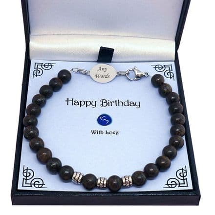 Bronzite Bead Bracelet with Engraving for Man or Boy