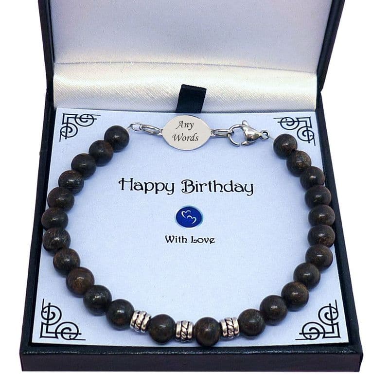 Bronzite Bead Bracelet with Engraving for Man or Boy | Charming Engraving