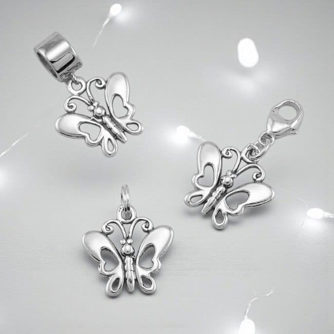 Butterfly Charm Sterling Silver on Clasp Split Ring or Bail