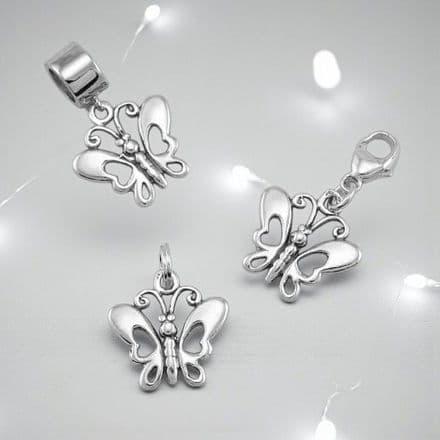 Butterfly Charm, Sterling Silver on Clasp, Split Ring or Bail