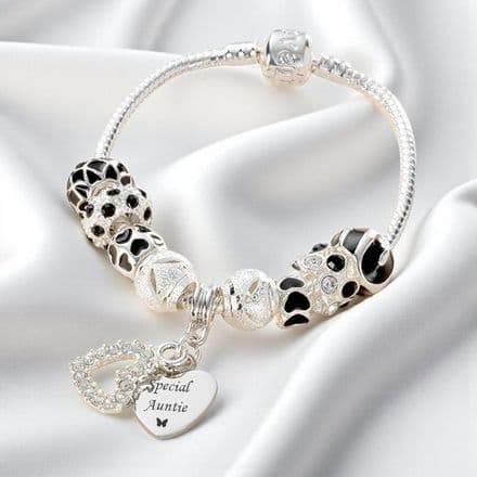 Charm Bead Bracelet with Engraved Charm in Black