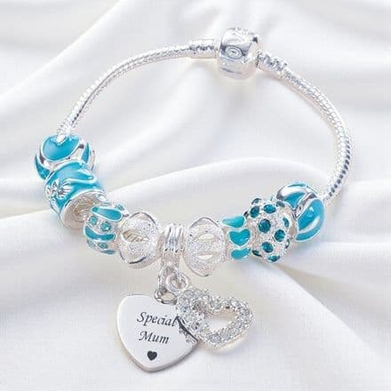 Charm Bead Bracelet with Engraved Charm in turquoise