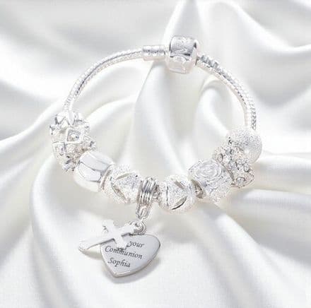 Charm Bead Bracelet with Engraved Charm in White