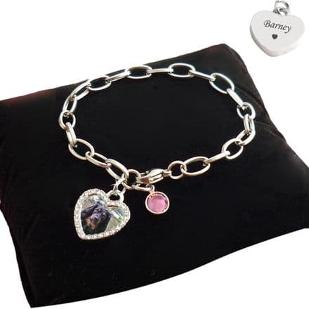 Charm Bracelet with Photo Charm and Birthstone Channel , Personalised Engraving