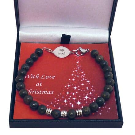 Christmas Gift, Bronzite Bead Bracelet with Engraving for Man or Boy
