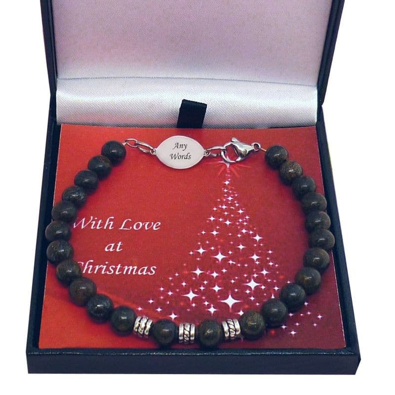 Christmas Gift, Bronzite Bead Bracelet with Engraving for Man or Boy | Charming Engraving