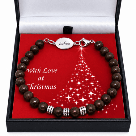 Christmas Gift, Bronzite Bead Bracelet with Engraving for Man or Boy