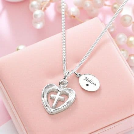 Cross in Heart Necklace with Engraving, Sterling Silver