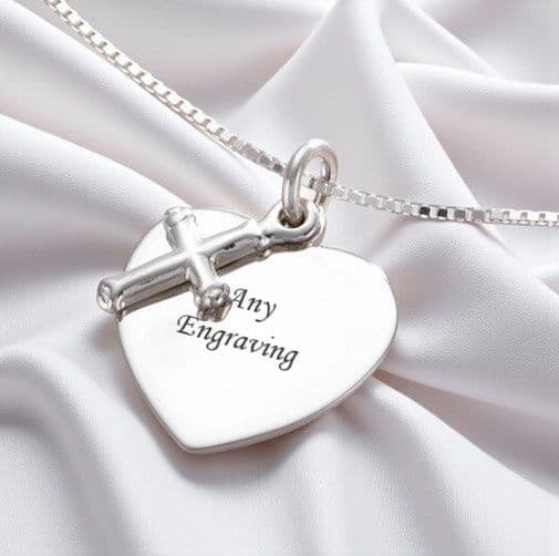 Cross over Heart Sterling Silver Necklace | Charming Engraving