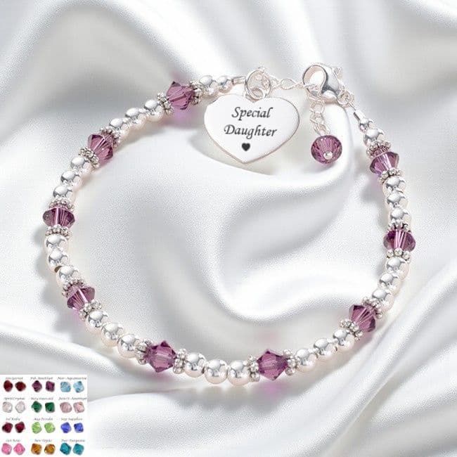 Crystal Birthstone and Sterling Silver Bead Bracelet, Girls and Ladies | Charming Engraving