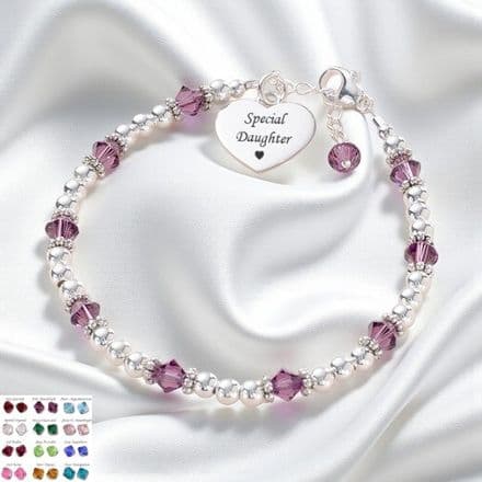 Crystal Birthstone and Sterling Silver Bead Bracelet, Girls and Ladies