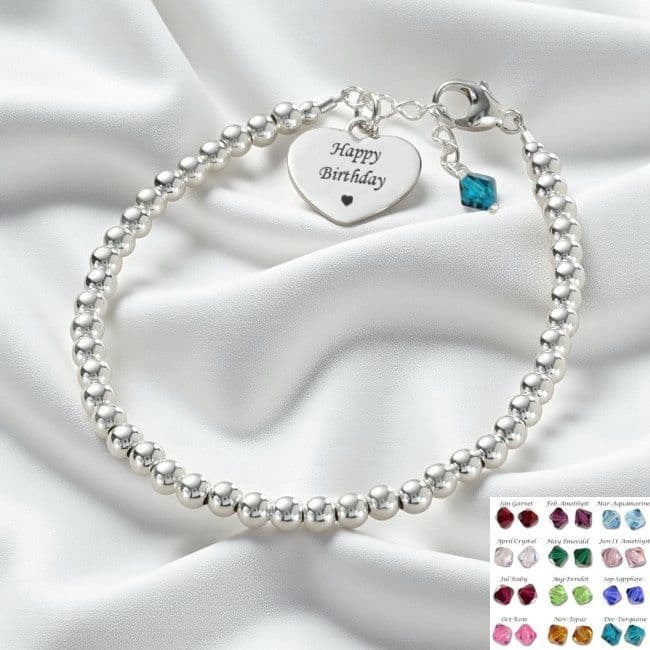 Dainty Beaded Silver Bracelet with Engraving and Birthstone | Charming Engraving