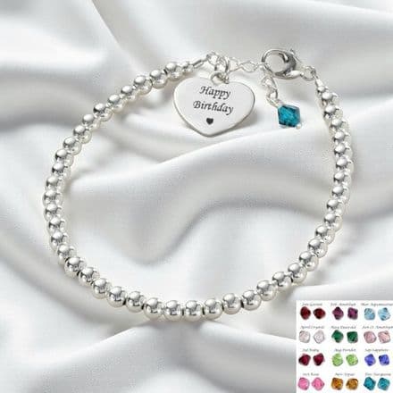 Dainty Beaded Silver Bracelet with Engraving and Birthstone