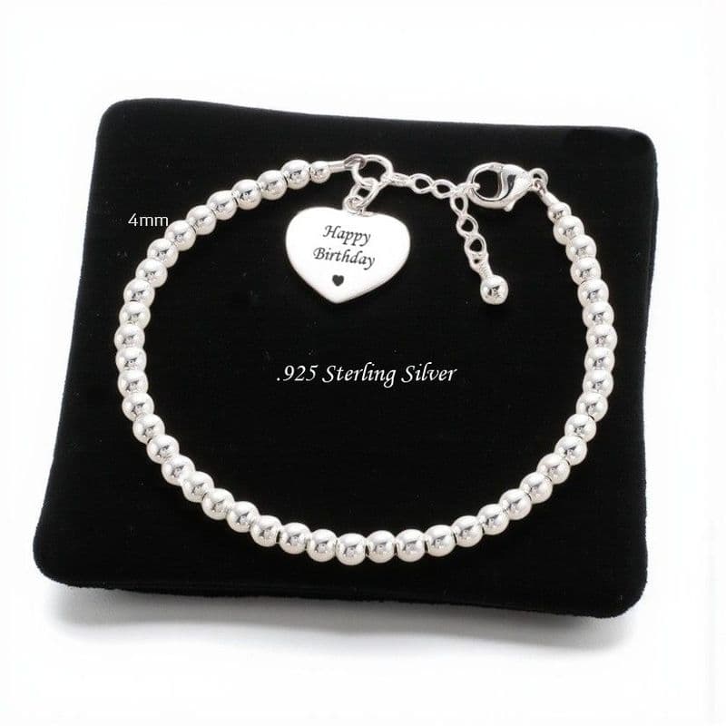 Dainty Silver Beaded Engraved Heart Bracelet | Charming Engraving