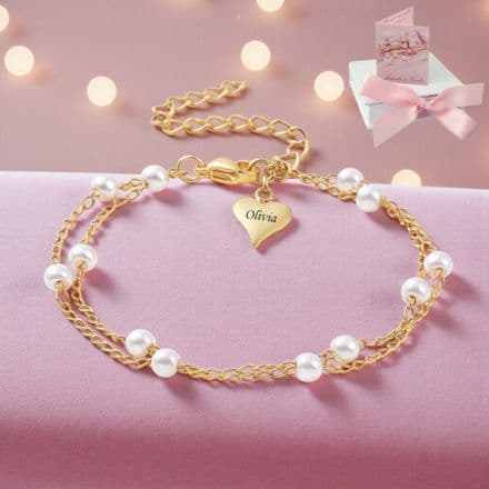 Delicate Gold Chain Bracelet, Pearls & Personalised Engraving on Heart Charm