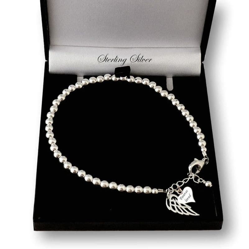 Delicate Silver Beads Bracelet with Engraving and Angel Wing | Charming Engraving