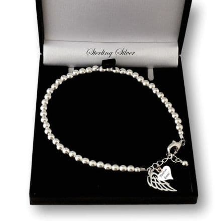 Delicate Silver Beads Bracelet with Engraving and Angel Wing