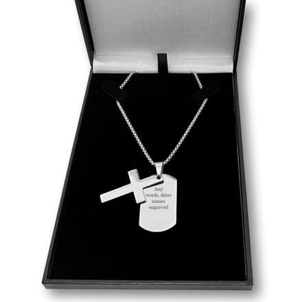 Dog Tag Necklace with Cross for men, Engraved, Silver Steel