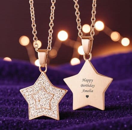 Engravable Star Necklace with Crystals, Rose Gold