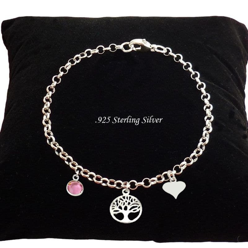 Engraved .925 Sterling Silver Birthstone Bracelet with a Tree of Life ...
