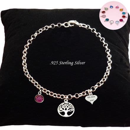 Engraved .925 Sterling  Silver Birthstone Bracelet with a Tree of Life Charm