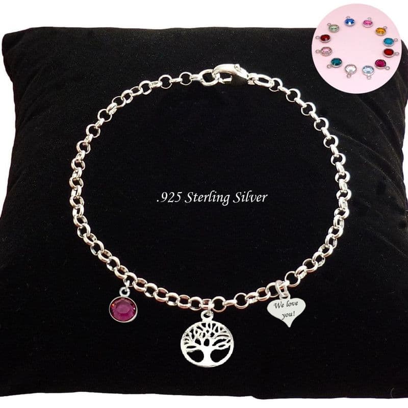 Engraved .925 Sterling Silver Birthstone Bracelet with a Tree of Life Charm | Charming Engraving