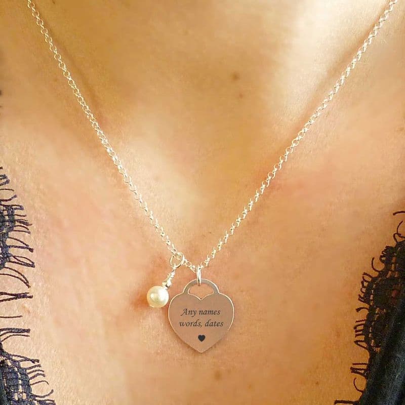 Engraved 925 Sterling Silver Heart and Pearl Necklace, Personalised | Charming Engraving