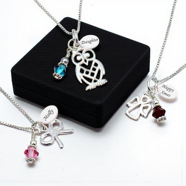 Engraved Birthstone Necklace with Owl, Angel, Bow | Charming Engraving
