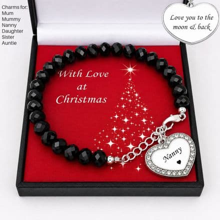 Engraved Bracelet for Christmas, Black Crystal Rondelle