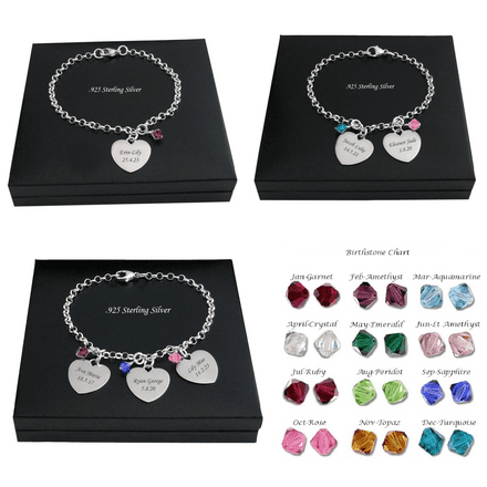 Engraved Bracelet, Up to 5 hearts & Birthstones