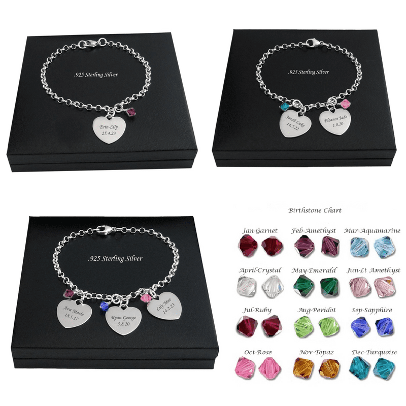 Sterling Silver Charm Bracelet with Birthstone | Charming Engraving