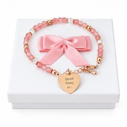 Engraved Bracelet with Cherry Quartz and Rose Gold Beads