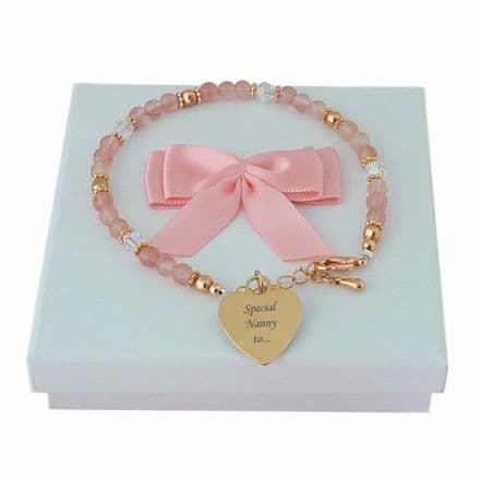 Engraved Bracelet with Cherry Quartz and Rose Gold Beads