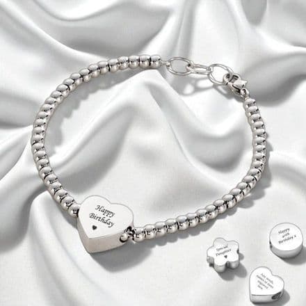 Engraved Charm Bead Bracelet, Heart, Flower or Round