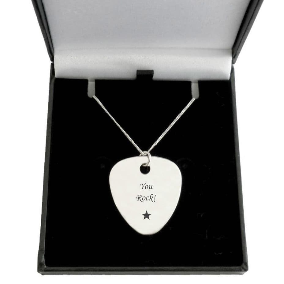Engraved Guitar Pick, Plectrum on Sterling Silver Necklace Chain Charming Engraving