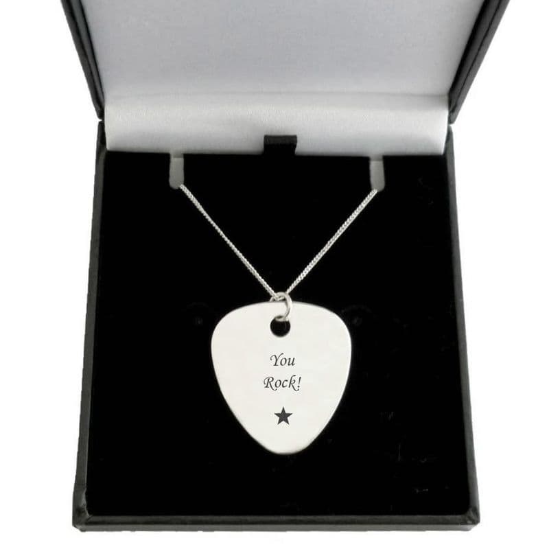 Engraved Guitar Pick, Plectrum on Sterling Silver Necklace Chain | Charming Engraving