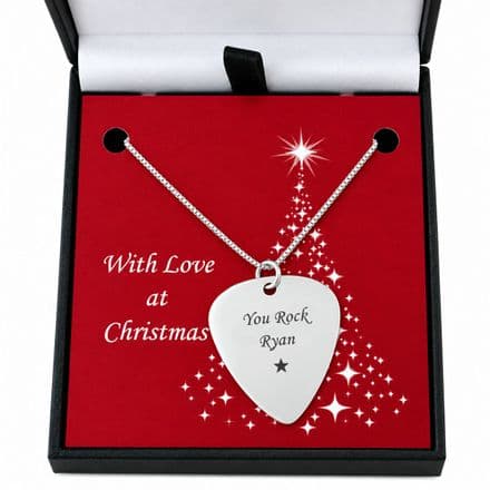 Engraved Guitar Plectrum on Sterling Silver Chain for Christmas