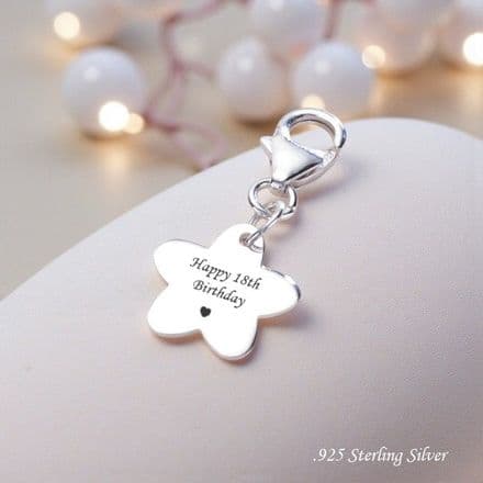 Engraved Happy 18th Flower Charm, Sterling Silver