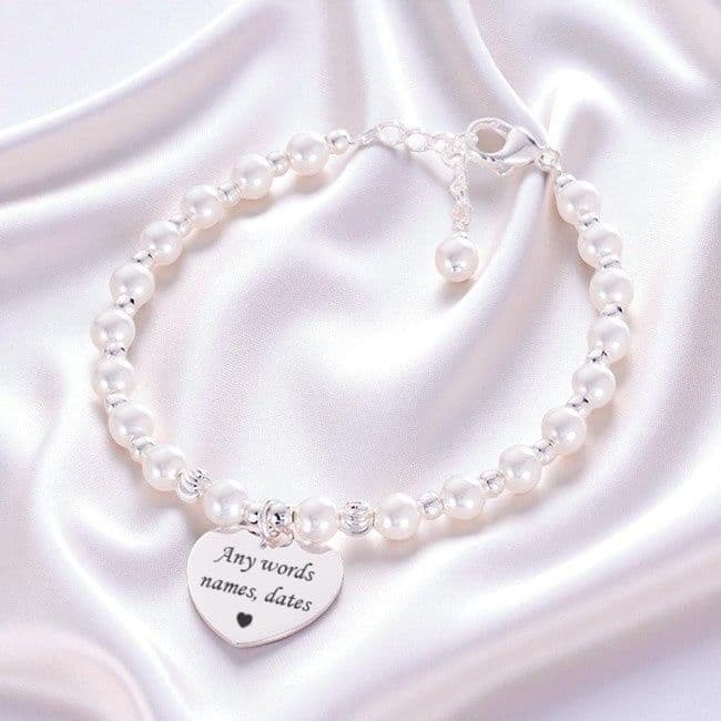 Engraved Heart Bracelet with Silver Beads & Pearls | Charming Engraving