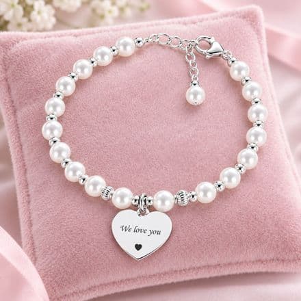 Engraved Heart Bracelet with Silver Beads & Pearls