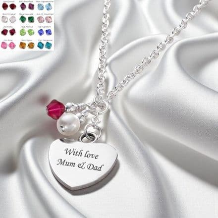 Engraved Heart Necklace with Birthstone and Pearl